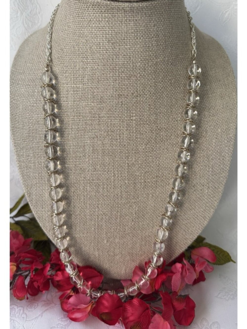 Nordstrom Sequin Brand Clear Glass Beads W GoldTone Chunky Necklace 29" NEW